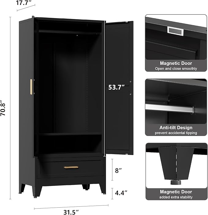 71'' Black Farmhouse Metal Wardrobe Cabinet with Hanging Rod, 2 Barn Door Wardrobe Closet with Adjustable Shelves,Drawer,for Dining Room,Bedroom,Living Room, Cloak Room,Office-CasaMuseHome