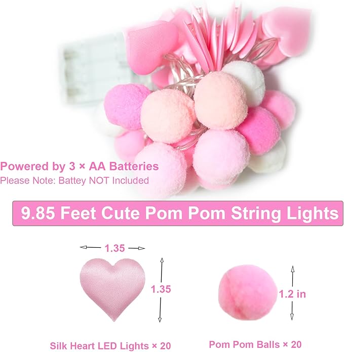 9.85Ft String Lights with 20 Pink Heart LEDs 20 Pink Pom Poms Garland Lights with Timer Valentine Decoration for Home Kid Bedroom Mother's Day Wedding Party Valentine's Day Decor-CasaMuseHome