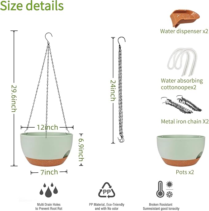 2 Pack Hanging Planters for Indoor Outdoor Plants, 12 Inch Self Watering Hanging Pot with Drainage Holes and Saucer, Plastic Plant Pots, Green Brown Flower Pots for Kitchen, Balcony, Garden-CasaMuseHome