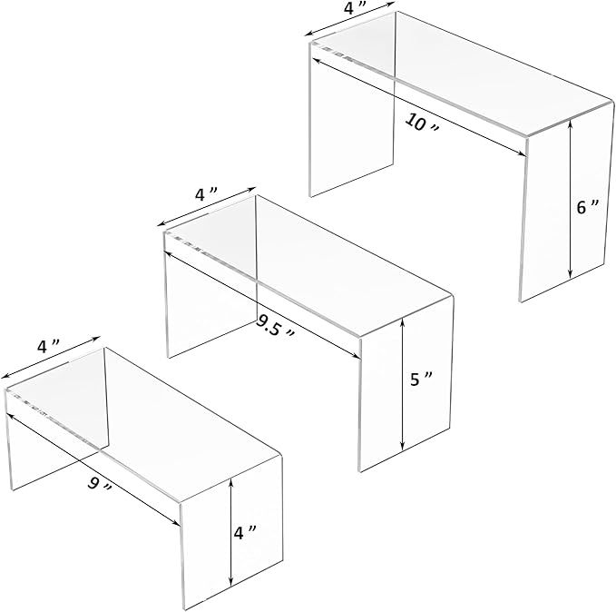 9x9.5x10 Inch Clear Display Risers Shelf 3pcs, Countertop Rectangular Acrylic Display Stands for Funko Pop Figure, Bags, Collectibles-CasaMuseHome