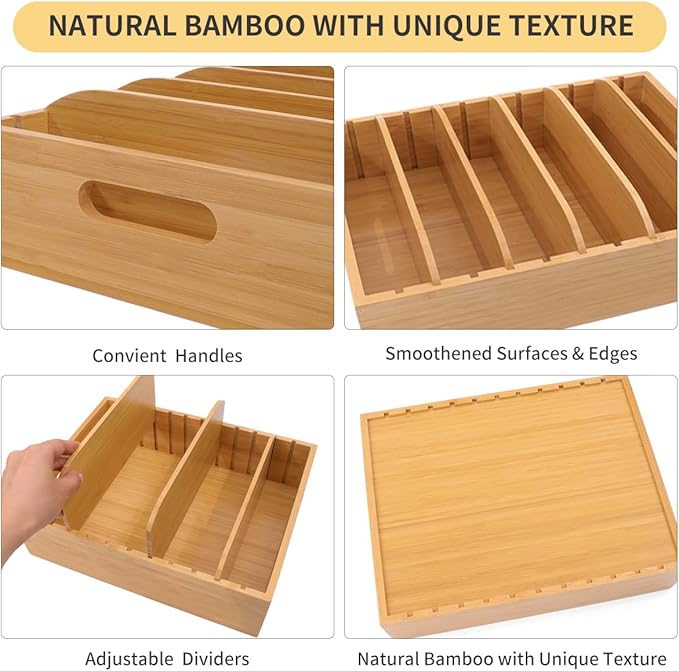 2 Pack Bamboo Lid Holder Food Container, Kitchen Organizer with 5 Adjustable Dividers, Cabinet Organizer for Food, Kitchen Gadget, Container Lids-CasaMuseHome