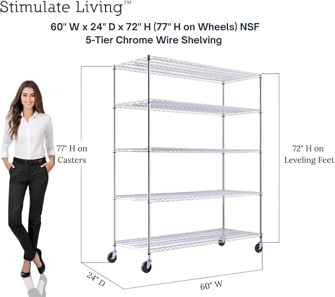 60"x24"x72" PRIME HEAVY DUTY Chrome 5-Tier Wire Shelving NSF 3000 LBS MAX Capacity Storage Rack for Commercial, School, Home, Garage, Warehouse, Industrial, and Hospital Uses (with Wheels)-CasaMuseHome