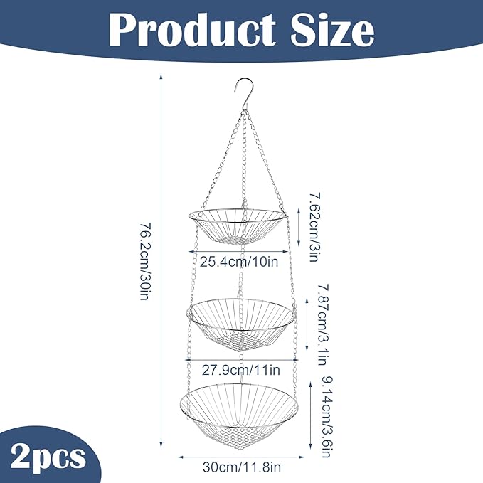 3-Tier Kitchen Wire Storage Basket Hanging Fruit Storage 2 Pack-CasaMuseHome