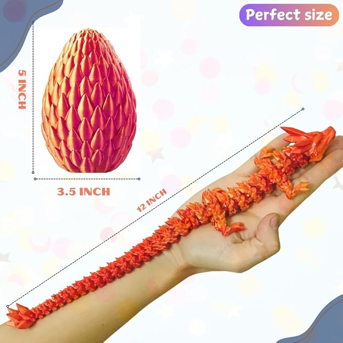 3D Printed 12” Articulated Crystal Dragon Inside 5.1” Egg - Unique Collectible, Fidget Toy, Fantasy Home & Office Desk Decor (Laser Red)-CasaMuseHome