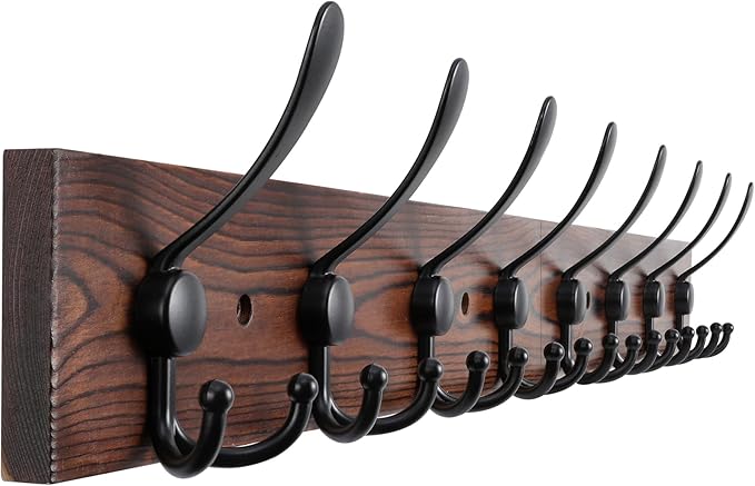 32.2'' Large Coat Rack Wall Mount Coat Hooks Coat Hanger with 8 Metal Black Triple- Hooks Brown Pine Real Wood Plank Hat Rack for Wall Hooks for Hanging Coat Hat Jacket-CasaMuseHome