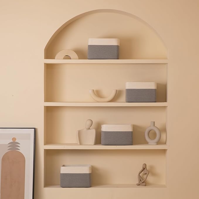 4 Pack Storage Baskets for Organizing, Woven Baskets for Shelves - Perfect for Toys, Books, Towels, and Clothes, Durable Gift Basket Bins Toy Storage, 12.7''L x9''W x7.8''H, Grey and White-CasaMuseHome