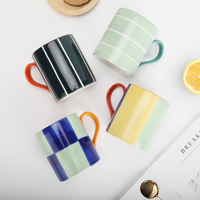 Koja Colorful Hand Painted 16 oz. Porcelain Ceramic Mugs Set. Service for 4.-CasaMuseHome