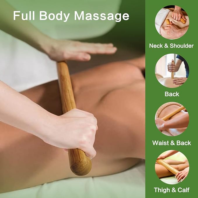 3PCS 100% Natural Solid Bamboo Massage Sticks,GuaSha Bamboo Massage Rollers for Back,Legs,Full Body,Deeply Deep Tissue Massage,Muscle Relax,Body Shaping,Portable Therapy Set(with Storage Bag)-CasaMuseHome