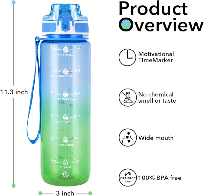 32oz Motivational Water Bottles with Time Marker & Fruit Strainer, Transparent Gradient Color Water Bottle with Times to Drink, Leakproof & BPA Free, Reusable Bottle with Strap (No Straw)-CasaMuseHome
