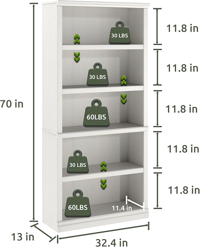 70-Inch Tall White Bookcase, 5 Tiers Shelves Open Storage Bookshelf, 33 in Wide Anti Tipping Indoor Furniture, Book Cases for Home Library Office Bedroom School-CasaMuseHome