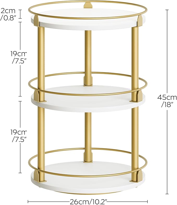3-Tier Lazy Susan, Rotating Spice Rack, Spinning Organizer, Industrial Turntable Spice Rack for Cabinet, Kitchen Countertop, Pantry, White and Gold SR23DW-CasaMuseHome