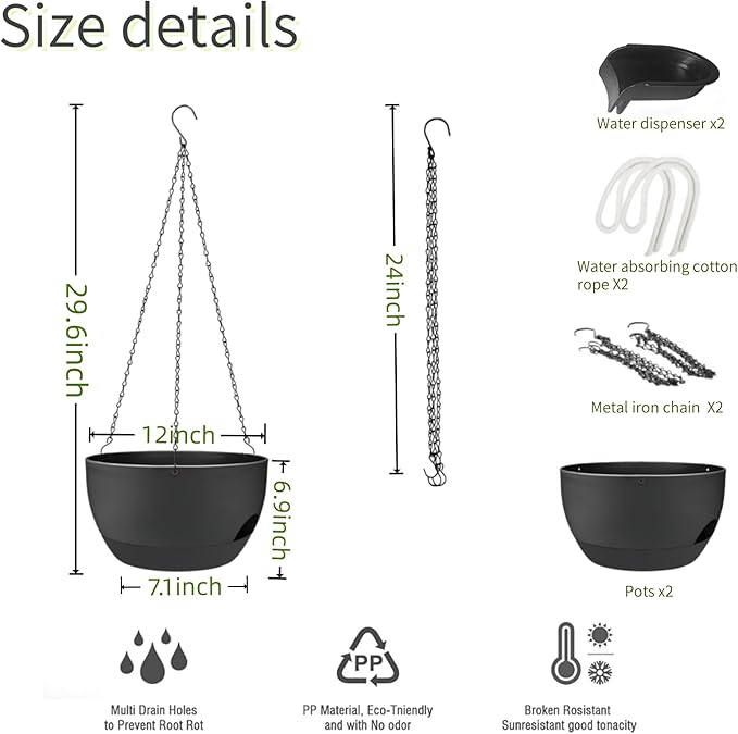 2 Pack Hanging Planters for Indoor Outdoor Plants, 12 Inch Self Watering Hanging Pot with Drainage Holes and Saucer, Plastic Plant Pots, Black Flower Pots for Kitchen, Balcony, Garden-CasaMuseHome