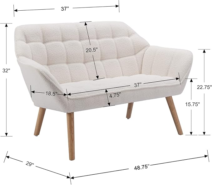 48" Small Loveseat Sofa, Modern Sherpa Mini Sofa Couch 2-Seater Fluffy Love Seat with Quilting Backs and Wood Legs for Living Room, Bedroom and Small Space, White-CasaMuseHome