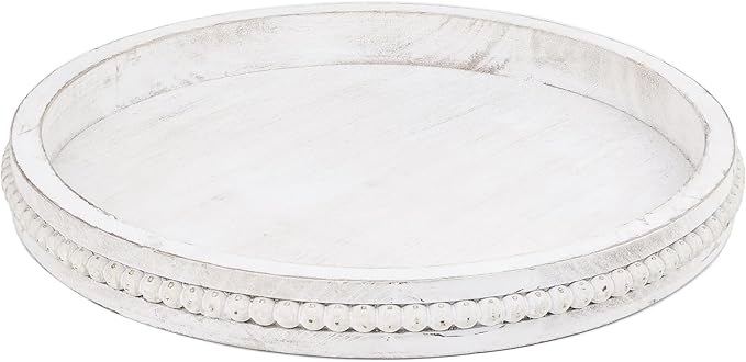Round Wood Serving Tray with Beads, White Washed Wooden Decorative Tray for Entertaining, Decoration, and Gifting-CasaMuseHome