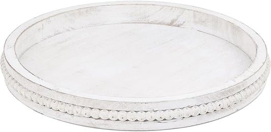 Round Wood Serving Tray with Beads, White Washed Wooden Decorative Tray for Entertaining, Decoration, and Gifting-CasaMuseHome