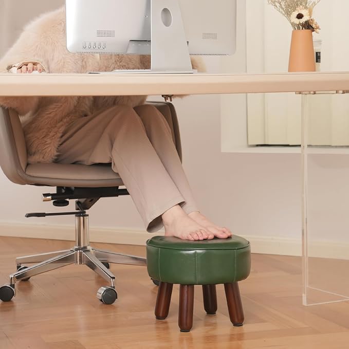 13in Small Foot Stool Ottoman, Round Faux Leather Foot Rest for Couch, Under Desk Pouf Footstool Footrest with Non-Skid Rubber Legs for Ling Room, Bedroom, 13''L x 13''W x 10.2''H, Green-CasaMuseHome