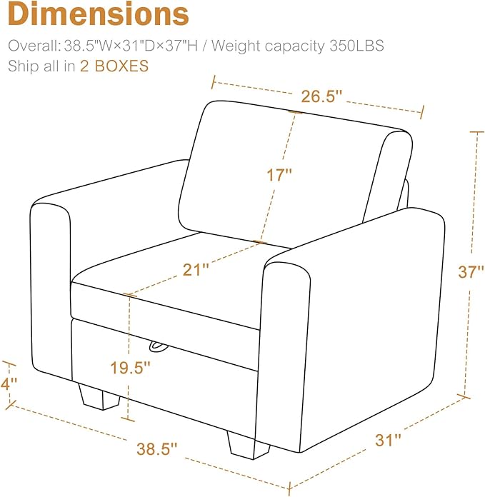 38.5 Oversized Accent Chair with Storage Beige, Single Modern Accent Sofa Chair with Arms for Apartment Living Room Linen(21" Deep Seat)-CasaMuseHome