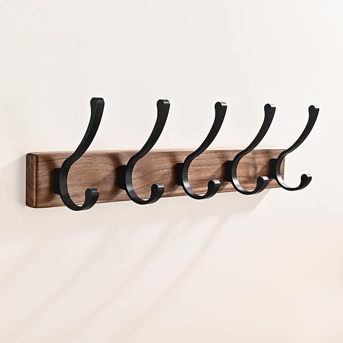 17.3" Small Wooden Coat Rack Wall Mount with 5 Hooks, Entryway Wall Hooks Coat Hanger for Hanging Towel Jacket Clothes Hat Backpack Shoe Purse Key Holder Multi Hook Rail by Black Walnut Wood-CasaMuseHome