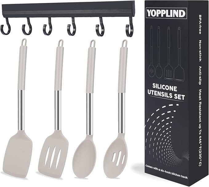 5-Piece Silicone Kitchen Tool Set, BPA-Free, Heat-Resistant, Non-Stick & Dishwasher-Safe, with Slotted/Solid Spoons & Spatulas for Frying, Mixing, Draining – Includes Multi-Purpose Serving Hook(Khaki)-CasaMuseHome