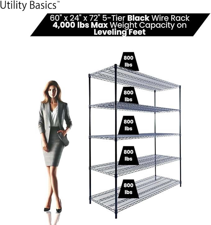 60"x24"x72" Black 5-Tier Premium Metal Wire Shelving NSF 4000 LBS MAX Capacity Heavy Duty Steel Storage Rack for Warehouse, Garage, Hospital, Commercial Space & School w/Premium Wheels-CasaMuseHome