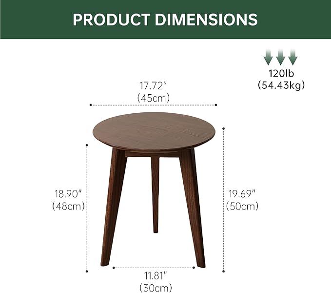 100% Solid Oak Round Side Table Set of 2, Small Bedside Table for Small Spaces, Living Room End Table with Stable Frame, Modern Nightstand for Bedroom Couch(Walnut, 17.71" D x 19.68" H)-CasaMuseHome