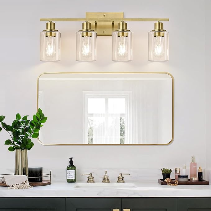 4 Light Bathroom Light Fixtures, Brass Vanity Lights for Bathroom with Clear Glass Shades, Modern Bathroom Wall Sconces for Mirror Living Room Cabinet-CasaMuseHome