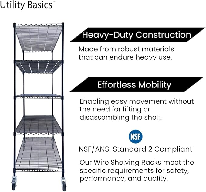 48"x24"x72" Black 5-Tier Premium Wire Shelving NSF 4000 LBS MAX Capacity Heavy Duty Steel Storage Rack for Warehouses, Garages, Hospitals, Commercial Spaces, & Schools w/Premium Wheels-CasaMuseHome