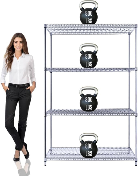 48"x24"x72" Prime Heavy Duty Chrome 4-Tier Wire Shelving NSF 3200 LBS MAX Capacity Storage Rack for Commercial, Hospital, School, Garage, and Kitchen Uses (with Wheels)-CasaMuseHome