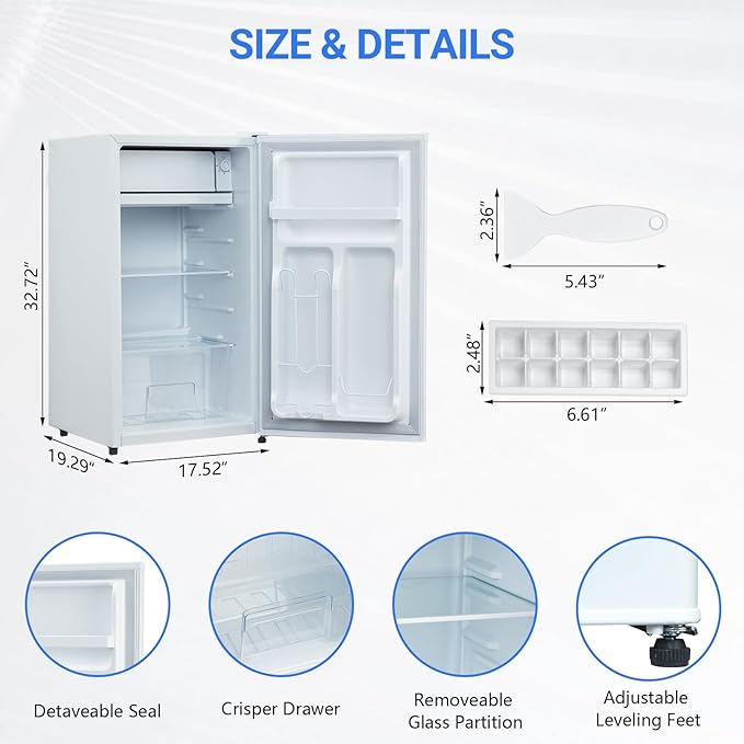 3.2 Cu.Ft Mini Fridge with Freezer, Small Refrigerator with Single Door and Adjustable Thermostat, Shelf, Energy Efficient, Compact Fridge for Bedroom, Office，white-CasaMuseHome