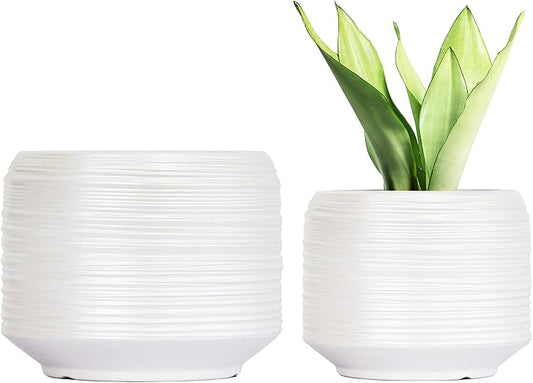 8 Inch + 6 Inch Ceramic Plant Pots Indoor with Drainage – Flower Pot Set, Decorative Indoor Planters for House Plants and Garden Use-CasaMuseHome