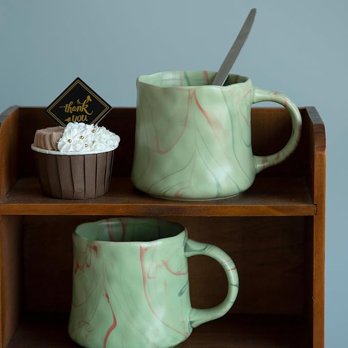 Abstract Art Ceramic Coffee Mugs Set - 2 Pack, Mint Green with Red and White Accents, Handcrafted Design for Modern Kitchen or Office-CasaMuseHome