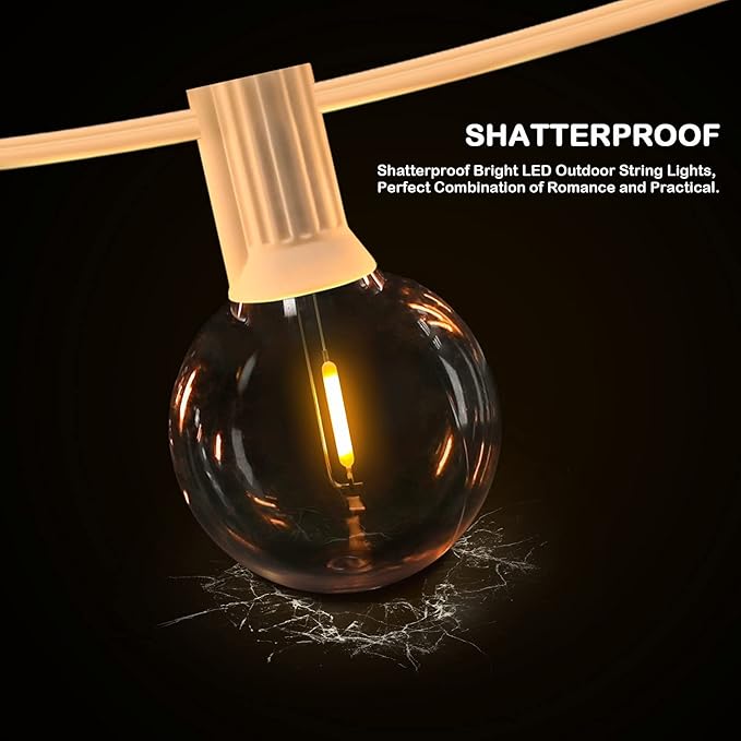 50FT LED G40 Globe String Lights White, Shatterproof Outdoor Patio String Lights 2200K with 50+2 Dimmable Edison Bulbs, Backyard Outdoor Hanging Lights, Bistro Waterproof for Balcony Party Wedding-CasaMuseHome