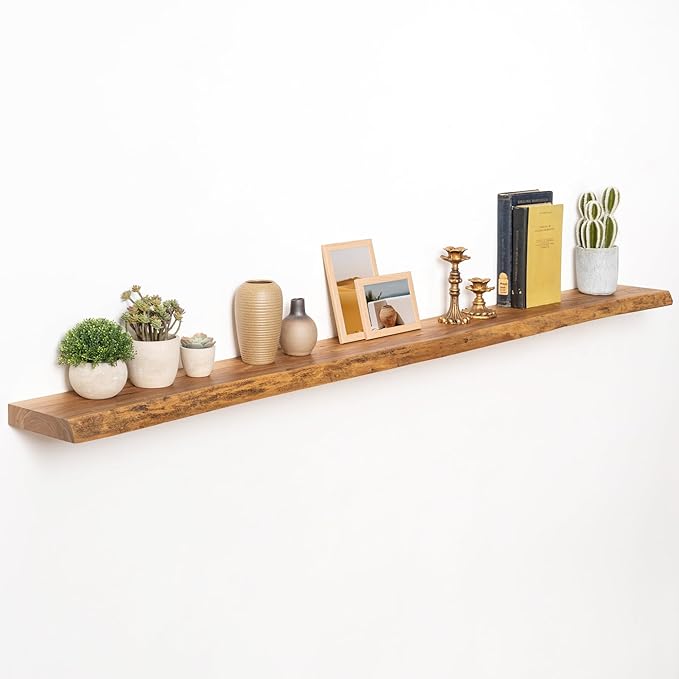 72" Floating Shelves, Live Edge Elm Wood Floating Shelf for Wall, Wall-Mounted Display Shelves with Invisible Heavy-Duty Bracket, Long Floating Shelf for Bathroom, Kitchen, Living Room, Natural Color-CasaMuseHome