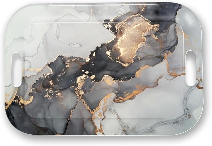 Serving Trays with Handles, 14.5 x 9.8 inch Rectangular Plastic Tray for Restaurant, Kitchen, Gray and Golden Marble-CasaMuseHome