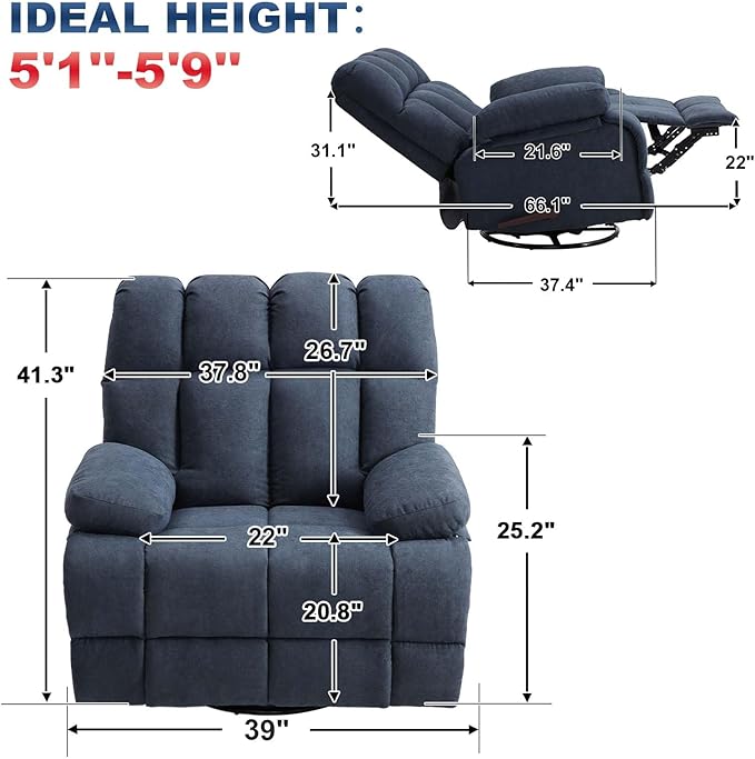 2PCS Oversized Recliner Chair, 360° Swivel Rocker Recliner for Big Man, Extra Wide Manual Recliner, Overstuffed Soft Rocking Sofa Chair for Living Room(Grey)-CasaMuseHome