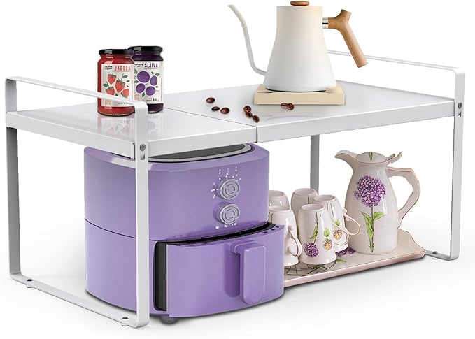 9'' Wide Expandable Cabinet Shelf Organizer Rack Adjustable Length 14''-26'' Pantry Shelf Spice Rack Heavy Duty Nonslip Kitchen Counter Storage Shelves Pantry Cupboard Under Sink Countertop White-CasaMuseHome