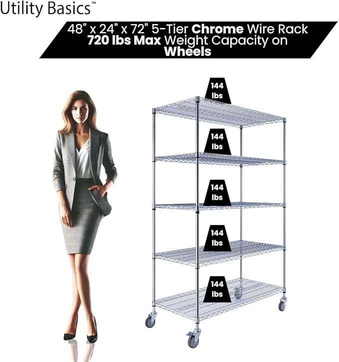 48"x24"x72" Chrome 5-Tier PREMIUM Wire Shelving NSF 4000 LBS MAX CAPACITY Heavy Duty Steel Storage Rack for Warehouses, Garages, Hospitals, Commercial Spaces, & Schools w/PREMIUM WHEELS-CasaMuseHome