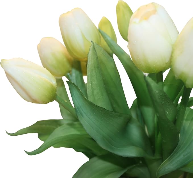 15pcs Artificial Tulips Flowers, Fake Tulips Real Touch, Faux Latex Bouquets, for Party Wedding Home Room Decoration (White)-CasaMuseHome