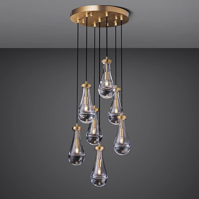 7 Light Raindrop Chandeliers, Brass Teardrop Cluster Pendant Lights Kitchen Island, Gold Dining Room Chandeliers Over Table Hanging Pendant Lighting for High Ceiling, Entryway Staircase-CasaMuseHome