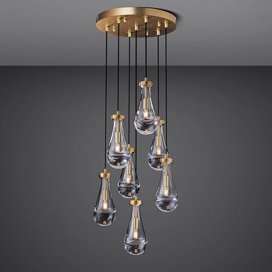 7 Light Raindrop Chandeliers, Brass Teardrop Cluster Pendant Lights Kitchen Island, Gold Dining Room Chandeliers Over Table Hanging Pendant Lighting for High Ceiling, Entryway Staircase-CasaMuseHome