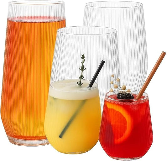 24 Pack Ribbed Origami Ripple Plastic Glasses, 12-9 Ounce Stemless Champagne Flutes & 12-12 Ounce Cups, BPA-Free Disposable Shatterproof Toasting Glasses for Weddings, Bars, and Events (Clear)-CasaMuseHome