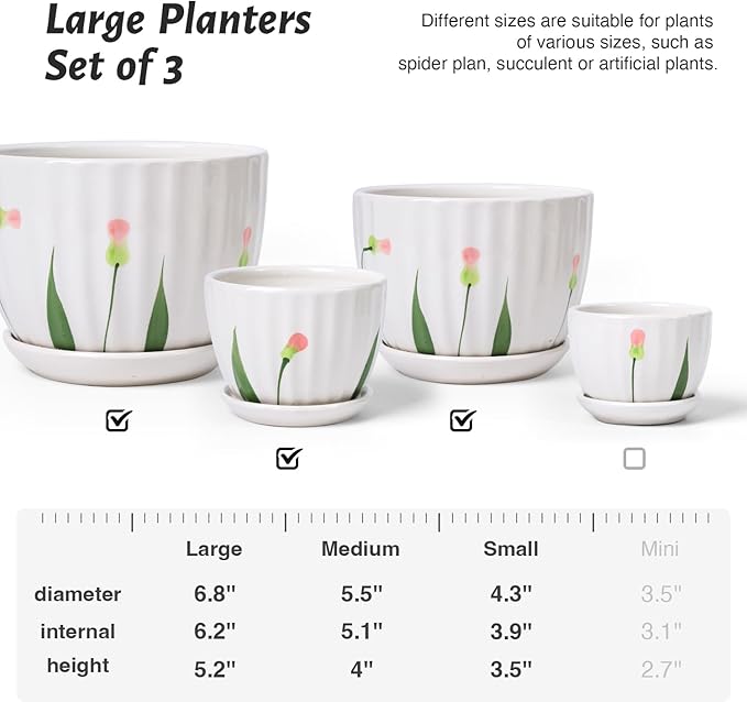 4/5/6 Inches Ceramic Plant Pots with Drainage Holes and Saucers, Round Flower Pots for Indoor Plant, Small Flower Planters Set of 3 (White Floral-Big Size)-CasaMuseHome