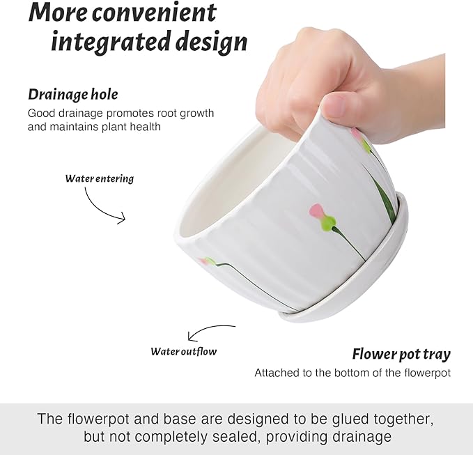 4/5/6 Inches Ceramic Plant Pots with Drainage Holes and Saucers, Round Flower Pots for Indoor Plant, Small Flower Planters Set of 3 (White Floral-Big Size)-CasaMuseHome