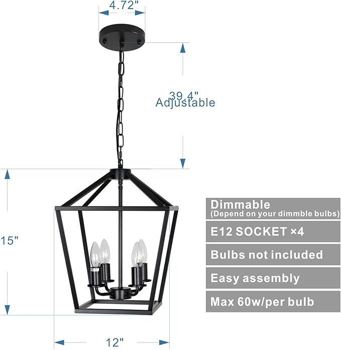 4-Light Lantern Pendant Light,Modern Industrial Black Cage Farmhouse Chandelier for Kitchen Island,12'' Rustic Metal Hanging Lighting Fixture for Dining Room Bedroom Foyer Entry Porch-CasaMuseHome
