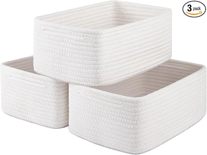 3 Pack Small Storage Baskets for Organizing, Cute Woven Decorative Gift Baskets for Shelves, Mini Closet Organizer Bins with Handles, 11.81''Lx7.87''Wx4.72''H-White-CasaMuseHome