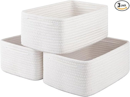 3 Pack Small Storage Baskets for Organizing, Cute Woven Decorative Gift Baskets for Shelves, Mini Closet Organizer Bins with Handles, 11.81''Lx7.87''Wx4.72''H-White-CasaMuseHome