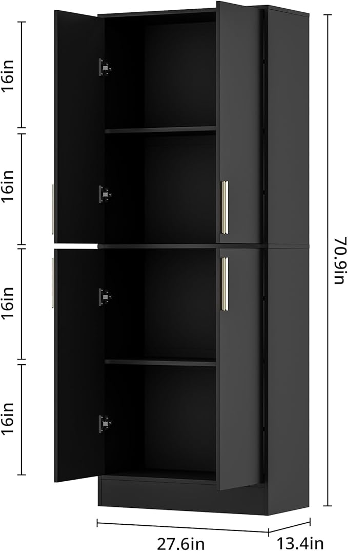 71" Tall Pantry Cabinet, 4 Doors Kitchen Pantry Storage Cabinet, Freestanding Larder Cupboard, Kitchen Hutch with Gold Handles for Dining Room, Bathroom, Black-CasaMuseHome