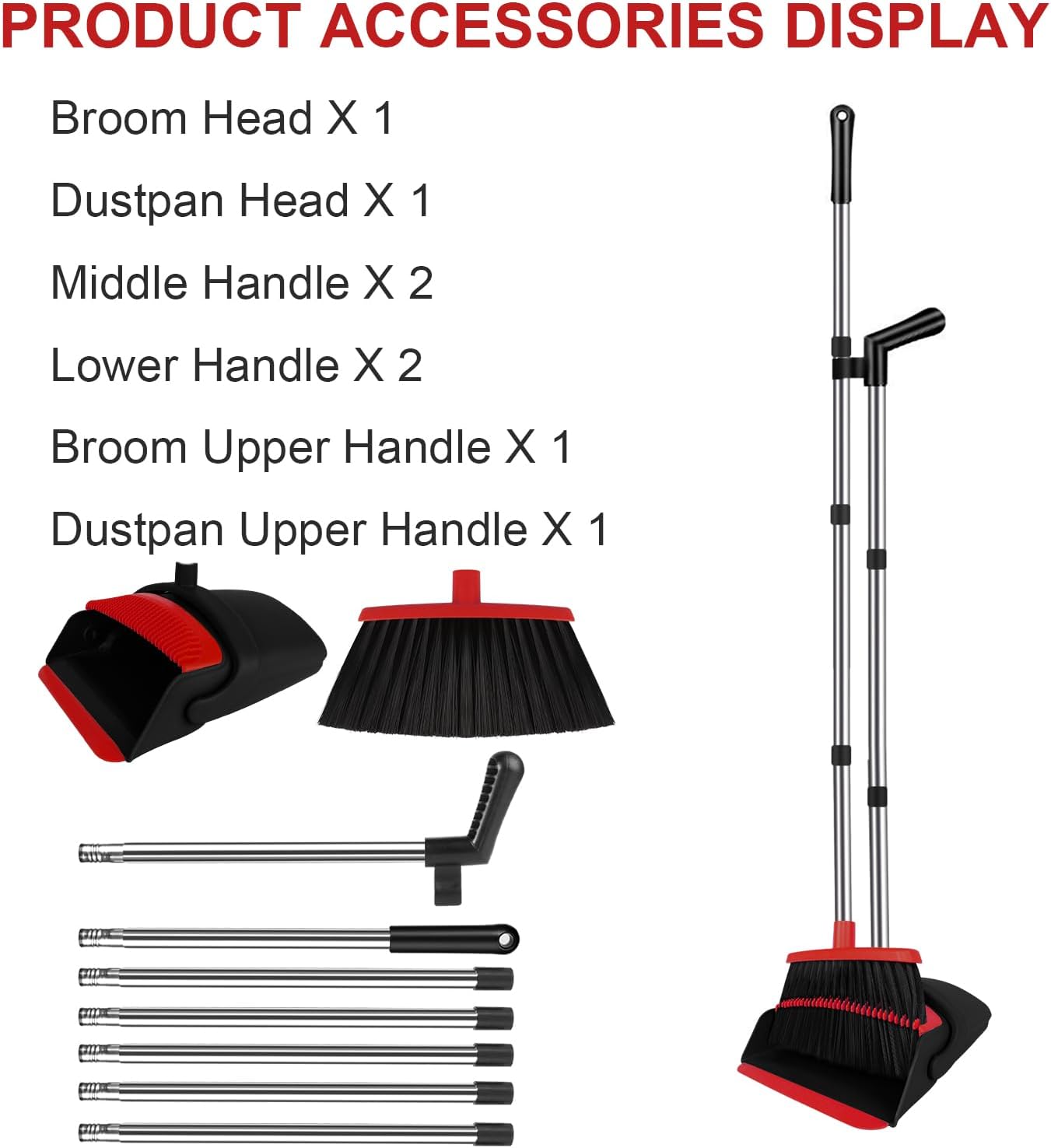 Broom and Dustpan Set for Household, Red Broom with Dustpan Combo Set, 51" Long Handle Dust pan Set for Dog Cat and Hair Clean