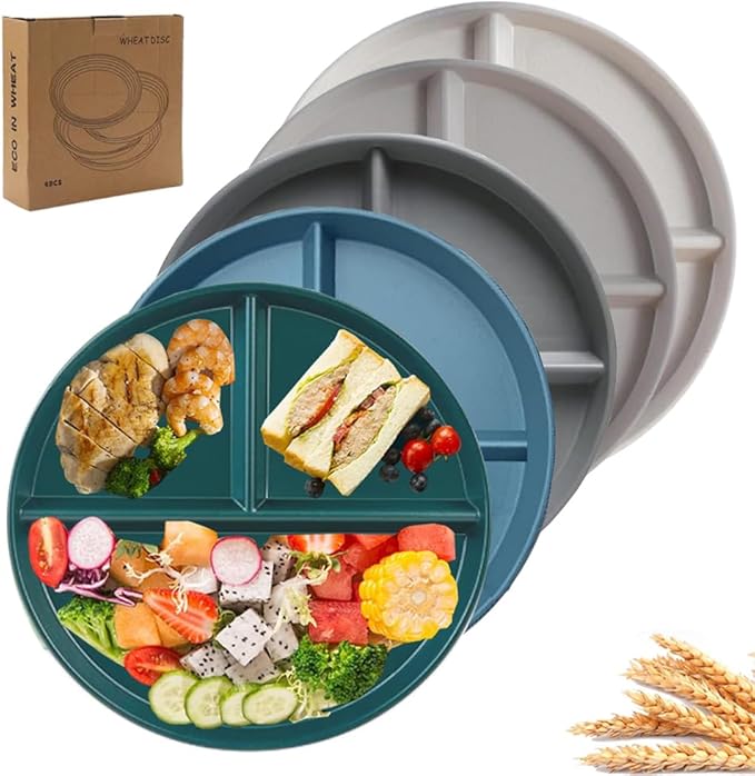 9" Unbreakable Divided Plates Set of 5, Wheat Straw Plate Reusable Dinnerware Portion Control Plate, Round Bariatric Plastic Plate for Kids Adults, BPA-free, Dishwasher Safe-CasaMuseHome