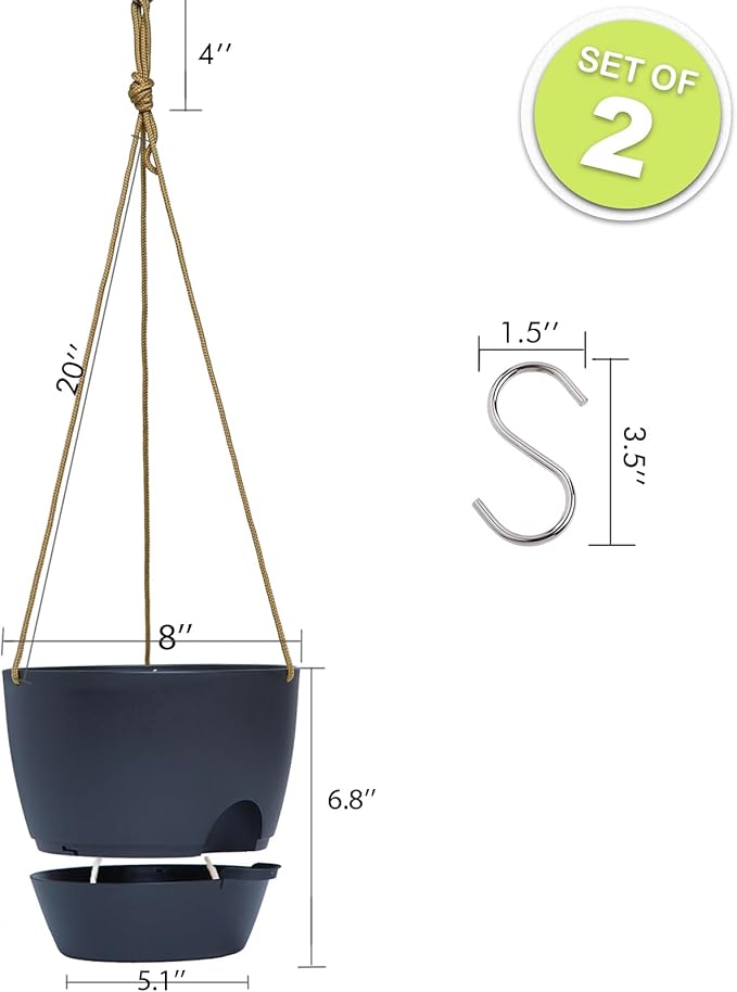 8 inch Hanging Planters, 2 Pack Self Watering Hanging Pots with 20oZ Deep Reservoir for Indoor Outdoor Plants Flowers, Black-CasaMuseHome